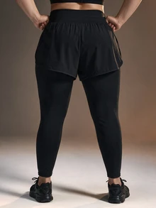 Powerista Women's Plus Size 2 In 1 Athletic Active Tropical Leggings Workouts And Casual Wear Going Out Daily Wear Gym Fitness Running Black Summer - Black - View 4