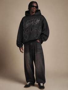 SUMWON Club Rhinestone Crystal Embellished Oversized Pullover Hoodie With Script Graphic Front Print - Black - View 3