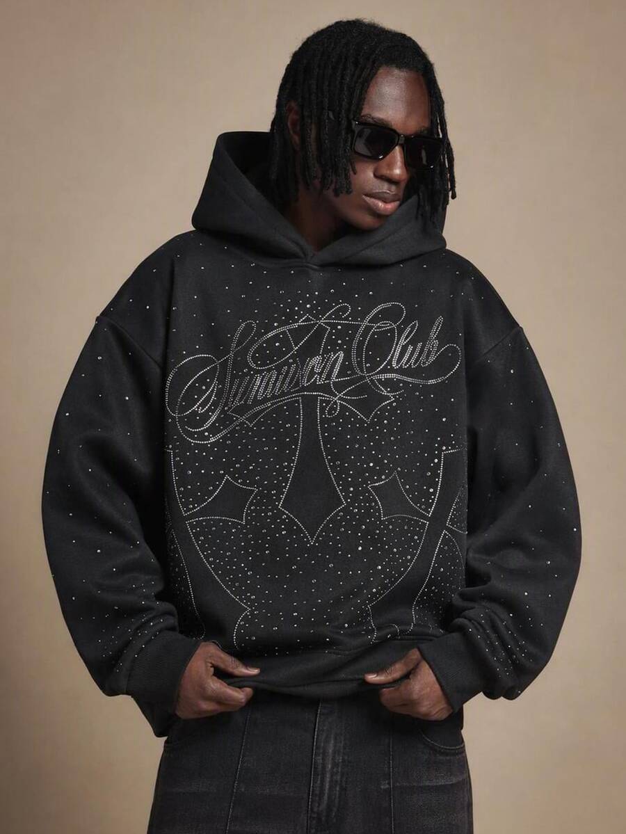 SUMWON Club Rhinestone Crystal Embellished Oversized Pullover Hoodie With Script Graphic Front Print - Black - View 1