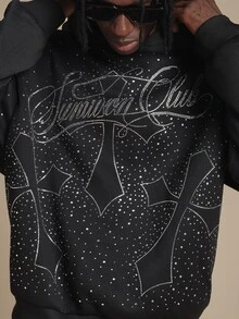 SUMWON Club Rhinestone Crystal Embellished Oversized Pullover Hoodie With Script Graphic Front Print - Black - View 4