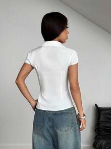 StreetHx Solid Color Button Down Short Sleeve Shirt With Chest Pleats,Short Sleeve Tops - White - View 2