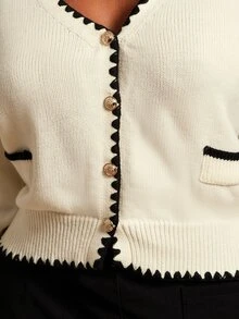 Radiana Plus Size Apricot Knitwear Cardigan V Neck Long Sleeve Short Length V-Neck Knit Cardigan - Apricot - View 2