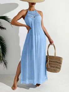 SHEIN Women's Solid Color Hollow Out Halter Neck Vacation Dress For Summer - Baby Blue - View 4