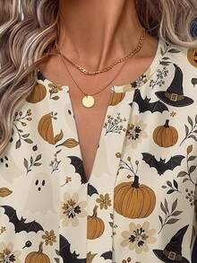 SHEIN LUNE Women's Casual Minimalist Long Sleeve Blouse With Small V-Neck, Halloween Bat, Maple Leaf And Pumpkin Pattern - Multicolor - View 5