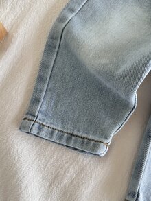 Vintaside Kids Countryside Newborn Baby Denim Pants Washed Navy Blue Loose Fit Jeans Elastic Waistband Fake Pockets Front Button Autumn Photoshoot Beach - Blue - View 5