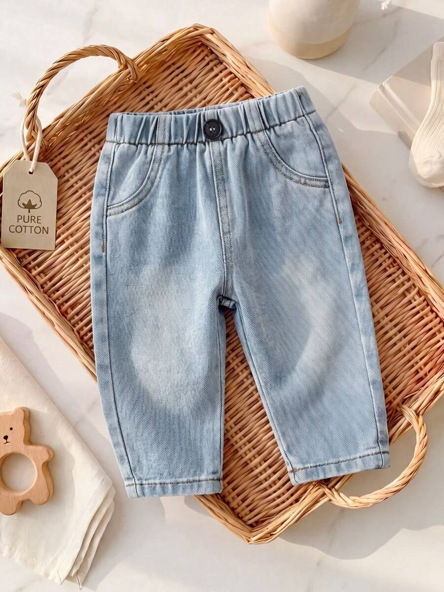Vintaside Kids Countryside Newborn Baby Denim Pants Washed Navy Blue Loose Fit Jeans Elastic Waistband Fake Pockets Front Button Autumn Photoshoot Beach