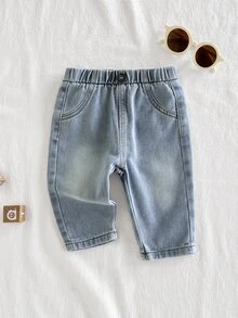 Vintaside Kids Countryside Newborn Baby Denim Pants Washed Navy Blue Loose Fit Jeans Elastic Waistband Fake Pockets Front Button Autumn Photoshoot Beach - Blue - View 4