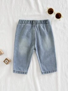 Vintaside Kids Countryside Newborn Baby Denim Pants Washed Navy Blue Loose Fit Jeans Elastic Waistband Fake Pockets Front Button Autumn Photoshoot Beach - Blue - View 3