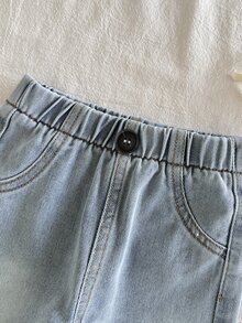 Vintaside Kids Countryside Newborn Baby Denim Pants Washed Navy Blue Loose Fit Jeans Elastic Waistband Fake Pockets Front Button Autumn Photoshoot Beach - Blue - View 6