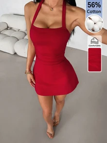 SHEIN PETITE Women's Cotton Blend Halter Neck Short Dress For Halloween, Christmas, Date, New Year Outfit - Burgundy - View 3