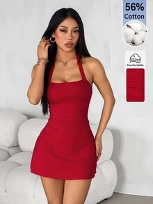 SHEIN PETITE Women's Cotton Blend Halter Neck Short Dress For Halloween, Christmas, Date, New Year Outfit - Burgundy - View 5