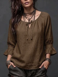 Breezaya Women's Solid Color Round Neck Bowknot Casual Loose Ruffle Cuff Fashion T-Shirt - Coffee Brown - View 3