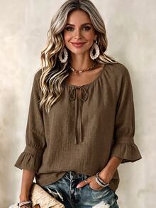 Breezaya Women's Solid Color Round Neck Bowknot Casual Loose Ruffle Cuff Fashion T-Shirt - Coffee Brown - View 1