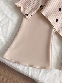 SHEIN 2pcs Toddler Girl Long Sleeve Top + Flare Pants Cute Sweet Apricot Heart Ribbed Lettuce Drop Shoulder Mock Neck Regular Party Fall Sweaters Holiday - Apricot - View 5