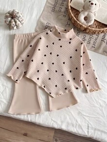 SHEIN 2pcs Toddler Girl Long Sleeve Top + Flare Pants Cute Sweet Apricot Heart Ribbed Lettuce Drop Shoulder Mock Neck Regular Party Fall Sweaters Holiday - Apricot - View 3