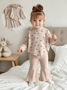 SHEIN 2pcs Toddler Girl Long Sleeve Top + Flare Pants Cute Sweet Apricot Heart Ribbed Lettuce Drop Shoulder Mock Neck Regular Party Fall Sweaters Holiday - Apricot - View 1