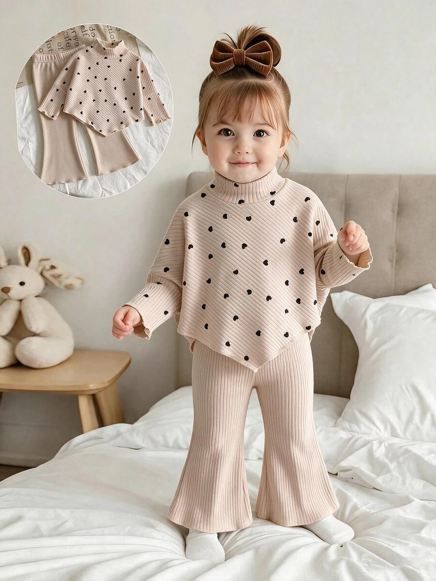 SHEIN 2pcs Toddler Girl Long Sleeve Top + Flare Pants Cute Sweet Apricot Heart Ribbed Lettuce Drop Shoulder Mock Neck Regular Party Fall Sweaters Holiday - Apricot - View 1