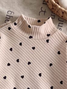 SHEIN 2pcs Toddler Girl Long Sleeve Top + Flare Pants Cute Sweet Apricot Heart Ribbed Lettuce Drop Shoulder Mock Neck Regular Party Fall Sweaters Holiday - Apricot - View 9