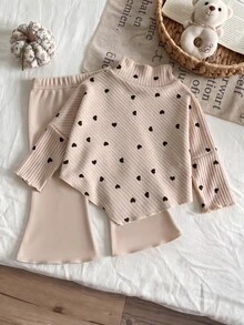 SHEIN 2pcs Toddler Girl Long Sleeve Top + Flare Pants Cute Sweet Apricot Heart Ribbed Lettuce Drop Shoulder Mock Neck Regular Party Fall Sweaters Holiday - Apricot - View 2