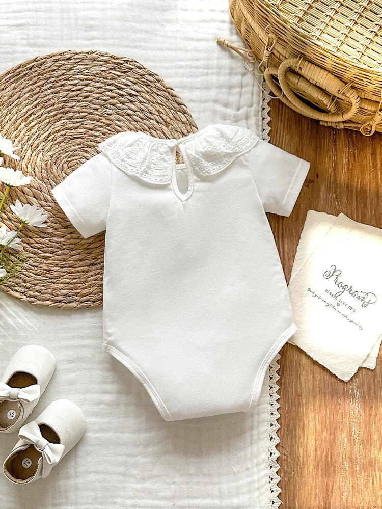 Vintaside Kids Babygirl Infant & Baby GirlSummer Short Sleeve Round Neck Drip Button Simple Casual Bodysuit, Suitable For Daily Leisure, Travel, Camping - White - View 2