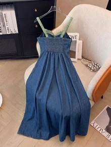 GlowEve CURVE Plus Size Women's Colorblock Casual Daily Summer Spaghetti Strap Denim Dress - Blue - View 2
