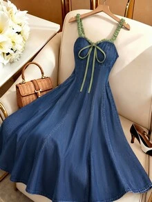 GlowEve CURVE Plus Size Women's Colorblock Casual Daily Summer Spaghetti Strap Denim Dress - Blue - View 1