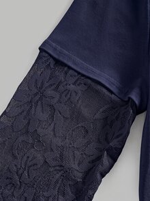 SHEIN Teen Girl T-Shirt Early Summer Blue Knitted Waist-Cinching Design Contrast Lace 2 In 1 T-Shirt, Suitable For Daily, Back-To-School - Navy Blue - View 6