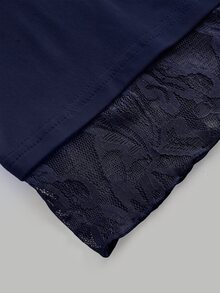 SHEIN Teen Girl T-Shirt Early Summer Blue Knitted Waist-Cinching Design Contrast Lace 2 In 1 T-Shirt, Suitable For Daily, Back-To-School - Navy Blue - View 4