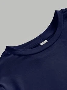 SHEIN Teen Girl T-Shirt Early Summer Blue Knitted Waist-Cinching Design Contrast Lace 2 In 1 T-Shirt, Suitable For Daily, Back-To-School - Navy Blue - View 3