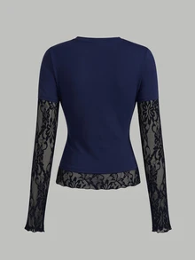 SHEIN Teen Girl T-Shirt Early Summer Blue Knitted Waist-Cinching Design Contrast Lace 2 In 1 T-Shirt, Suitable For Daily, Back-To-School - Navy Blue - View 2