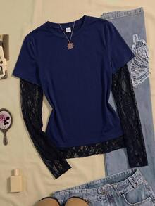 SHEIN Teen Girl T-Shirt Early Summer Blue Knitted Waist-Cinching Design Contrast Lace 2 In 1 T-Shirt, Suitable For Daily, Back-To-School - Navy Blue - View 1