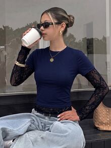 SHEIN Teen Girl T-Shirt Early Summer Blue Knitted Waist-Cinching Design Contrast Lace 2 In 1 T-Shirt, Suitable For Daily, Back-To-School - Navy Blue - View 5