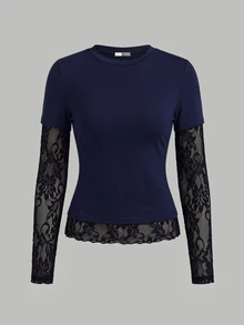 SHEIN Teen Girl T-Shirt Early Summer Blue Knitted Waist-Cinching Design Contrast Lace 2 In 1 T-Shirt, Suitable For Daily, Back-To-School - Navy Blue - View 7