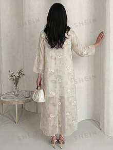 Yasveil Women's Floral Elegant Casual Arabian Dress - White - View 3