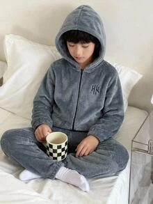SHEIN Kids Tween Boy Autumn/Winter Minimalist Letter Embroidered Pattern Long Sleeve Hooded Zip-Up Soft Skin-Friendly Flannel Loungewear Jumpsuit - Grey - View 9