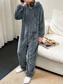 SHEIN Kids Tween Boy Autumn/Winter Minimalist Letter Embroidered Pattern Long Sleeve Hooded Zip-Up Soft Skin-Friendly Flannel Loungewear Jumpsuit - Grey - View 1