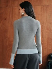 Anewsta American Vintage Colorblock Ribbed Knit T-Shirt, Collared Diagonal Button Waist-Cinching Cropped Long Sleeve Top With Contrast Cuffs - Grey - View 2