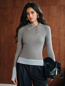 Anewsta American Vintage Colorblock Ribbed Knit T-Shirt, Collared Diagonal Button Waist-Cinching Cropped Long Sleeve Top With Contrast Cuffs - Grey - View 1