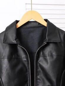 SHEIN Teen Girls Autumn/Winter Casual Daily High-End School Commute Ins Style Versatile PU Leather Lapel Loose Jacket Coat - Black - View 4