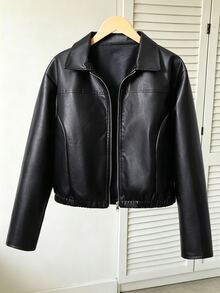 SHEIN Teen Girls Autumn/Winter Casual Daily High-End School Commute Ins Style Versatile PU Leather Lapel Loose Jacket Coat - Black - View 2