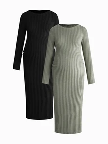Modmama 2pcs Maternity Simple Versatile Long Sleeve Side Slit Dress Autumn Photoshoot Formal Black Sage Green Casual Elegant - Multicolor - View 17