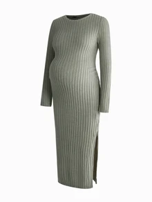 Modmama 2pcs Maternity Simple Versatile Long Sleeve Side Slit Dress Autumn Photoshoot Formal Black Sage Green Casual Elegant - Multicolor - View 9