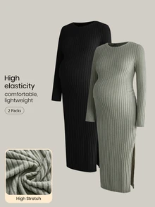 Modmama 2pcs Maternity Simple Versatile Long Sleeve Side Slit Dress Autumn Photoshoot Formal Black Sage Green Casual Elegant - Multicolor - View 3