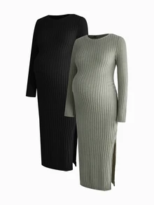 Modmama 2pcs Maternity Simple Versatile Long Sleeve Side Slit Dress Autumn Photoshoot Formal Black Sage Green Casual Elegant - Multicolor - View 18