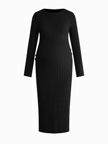 Modmama 2pcs Maternity Simple Versatile Long Sleeve Side Slit Dress Autumn Photoshoot Formal Black Sage Green Casual Elegant - Multicolor - View 14