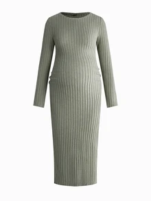 Modmama 2pcs Maternity Simple Versatile Long Sleeve Side Slit Dress Autumn Photoshoot Formal Black Sage Green Casual Elegant - Multicolor - View 11