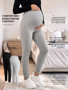 Modmama Fall 2PCS Maternity Leggings Photoshoot Black Sage Green Fall Básica Casual Loose Fit - Multicolor - View 1