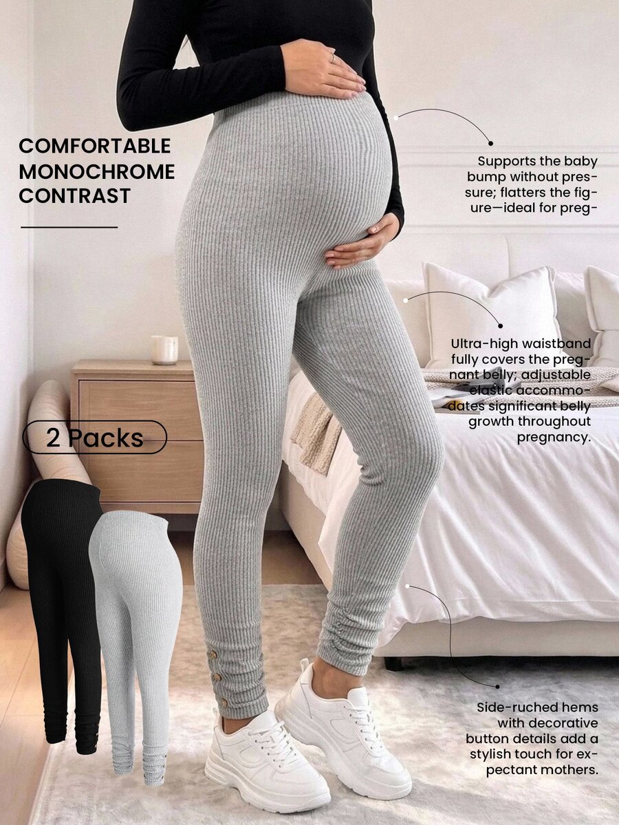 Modmama Fall 2PCS Maternity Leggings Photoshoot Black Sage Green Fall Básica Casual Loose Fit - Multicolor - View 1