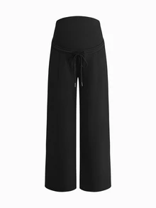 Modmama 2PCS Maternity Solid Color Adjustable Waist Straight Leg Trousers Autumn Photoshoot Black Burgundy Cute Baggy Elegant - Multicolor - View 6