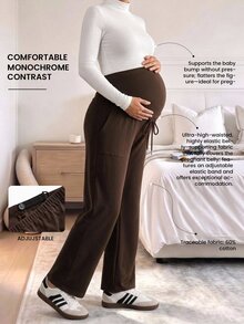 Modmama 2PCS Maternity Solid Color Adjustable Waist Straight Leg Trousers Autumn Photoshoot Black Burgundy Cute Baggy Elegant - Multicolor - View 1